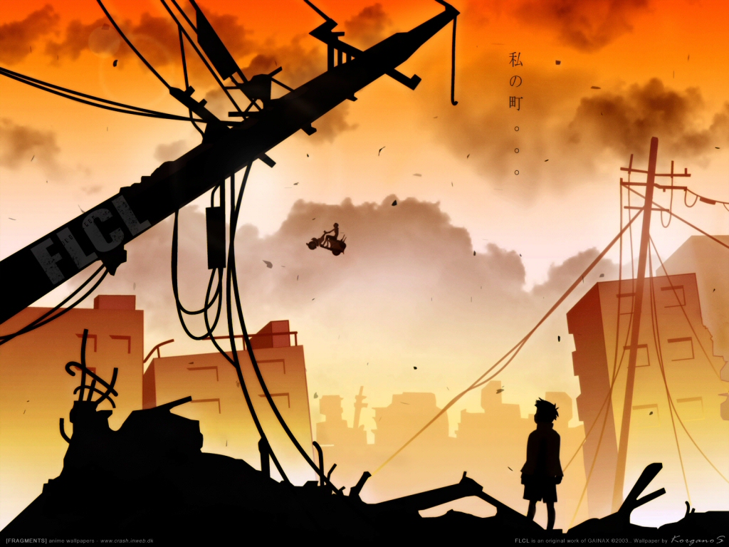 00s 1girl 2boys city clouds flcl flying ground_vehicle haruhara_haruko motor_vehicle multiple_boys nandaba_naota power_lines ruins scooter shorts silhouette sky standing sunset telephone_pole translated urban vector_trace vehicle vespa wallpaper