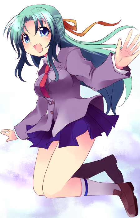 1girl :d aqua_hair blue_eyes blue_skirt blush brown_shoes full_body half_updo higurashi_no_naku_koro_ni jumping kneehighs loafers long_hair long_sleeves looking_at_viewer mei miniskirt open_mouth pleated_skirt shoes simple_background skirt smile solo sonozaki_shion subaru_(yachika) very_long_hair white_background white_legwear