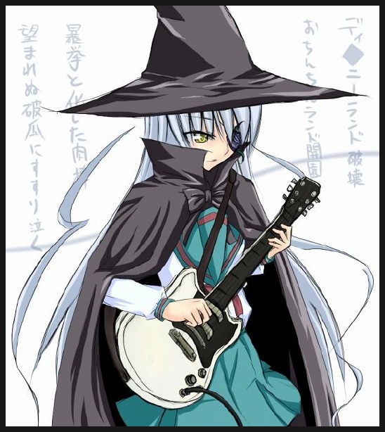 1girl barasuishou black_border border cape electric_guitar guitar hat instrument parody rozen_maiden school_uniform serafuku sg solo suzumiya_haruhi_no_yuuutsu witch_hat