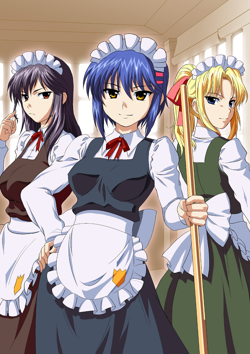 3girls black_hair blonde_hair blue_eyes blue_hair broom g-tetsu hair_ornament hair_ribbon hairclip hand_on_hip kiriya_erika kurogane_otome long_hair maid multiple_girls ponytail red_eyes ribbon short_hair smile tsuyokiss yashi_nagomi yellow_eyes