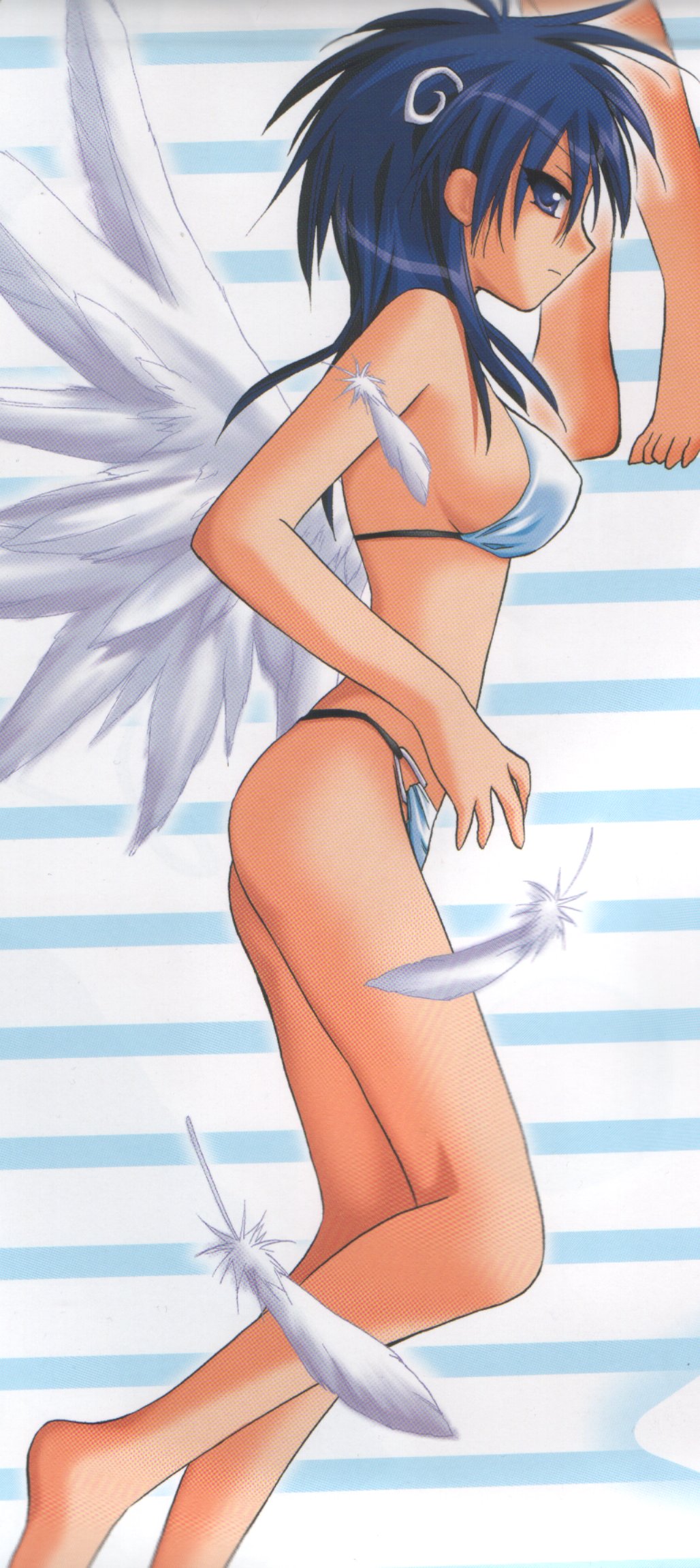 00s 1girl bikini blue_hair breasts broccoli_(company) feathers galaxy_angel galaxy_angel_rune highres kanan large_breasts lily_c_sherbet long_image sideboob striped striped_background swimsuit tall_image wings