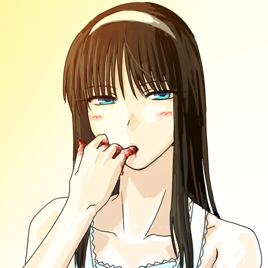 00s 1girl bad_anatomy bangs bare_shoulders blood bloody_hands blunt_bangs brown_hair collarbone finger_licking green_eyes licking looking_at_viewer poorly_drawn portrait simple_background solo tohno_akiha tsukihime upper_body yellow_background