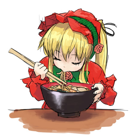 00s 1girl : :&gt; blonde_hair bonnet bowl chopsticks closed_eyes eating food lowres noodles ramen rozen_maiden shinku solo