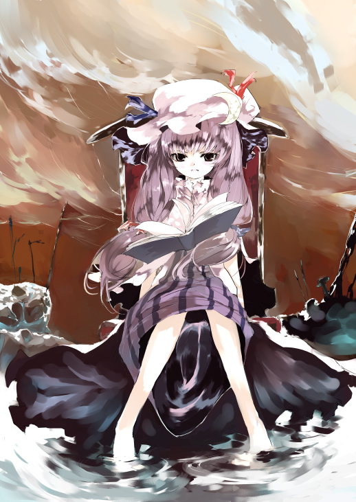 1girl barefoot book feet feet_in_water female outdoors patchouli_knowledge shunsei_(muratou) sky soaking_feet solo touhou water