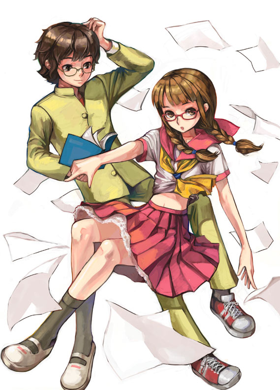 1boy 1girl :o black_legwear book braid brown_eyes brown_hair flying_paper footwear glasses kishida_mel long_hair mary_janes midriff navel open_mouth original paper pleated_skirt red-framed_glasses school_uniform serafuku shoes short_hair skirt smile sneakers socks twin_braids uwabaki