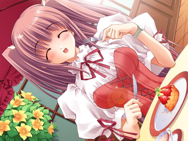 1girl :d airi_(quilt) carnelian closed_eyes eating fork game_cg holding holding_fork knife open_mouth quilt quilt_(game) ribbon smile solo two_side_up watch watch