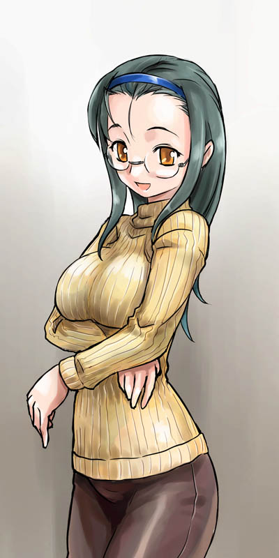 1girl breast_hold breasts brown_eyes glasses green_hair hairband large_breasts long_hair long_image michael open_mouth original smile solo sweater tall_image turtleneck