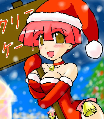 1girl aliasing artist_request bell between_breasts blush breasts brown_eyes christmas cleavage collar hat hips holding_sign looking_at_viewer lowres miyata_akira pani_poni_dash! redhead ribbon short_hair side_slit sign solo text upper_body wide_hips