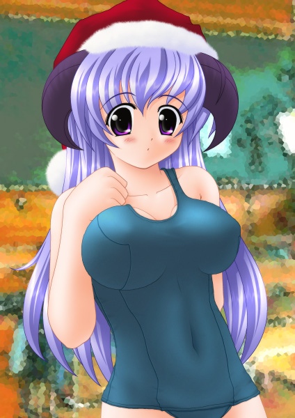 1girl alternate_breast_size christmas hanyuu hat higurashi_no_naku_koro_ni impossible_clothes impossible_swimsuit long_hair one-piece_swimsuit purple_hair santa_hat satau_(psg) school_swimsuit solo swimsuit violet_eyes