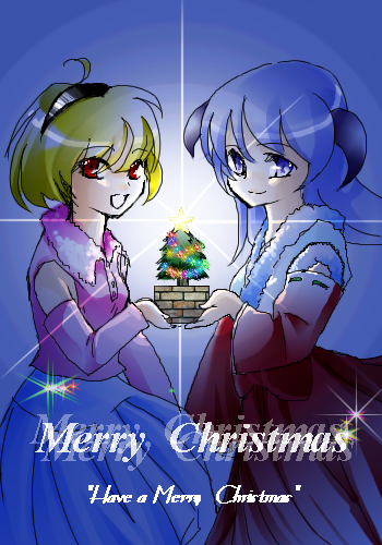 2girls adapted_costume ahoge blonde_hair blue_eyes blue_hair christmas cowboy_shot detached_sleeves english glint hanyuu headband higurashi_no_naku_koro_ni horns houjou_satoko long_hair looking_at_viewer lowres merry_christmas multiple_girls purple_hair red_eyes short_hair skirt smile text tree white_skirt wide_sleeves