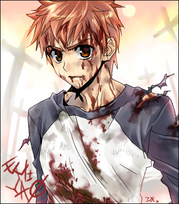 1boy blood blood_on_face character_name cross emiya_shirou fate/stay_night fate_(series) glaring lowres male_focus matching_hair/eyes raglan_sleeves shirt solo torn_clothes torn_shirt