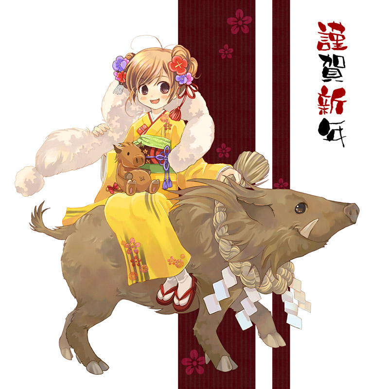 1girl :d antenna_hair blush boar brown_eyes brown_hair double_bun floral_background floral_print flower fur_collar hair_flower hair_ornament japanese_clothes kimono kuga_tsukasa light_brown_hair new_year obi open_mouth pig ribbon rope sandals sash shide shimenawa sitting smile solo stuffed_animal stuffed_toy tabi tassel twintails white_legwear zouri