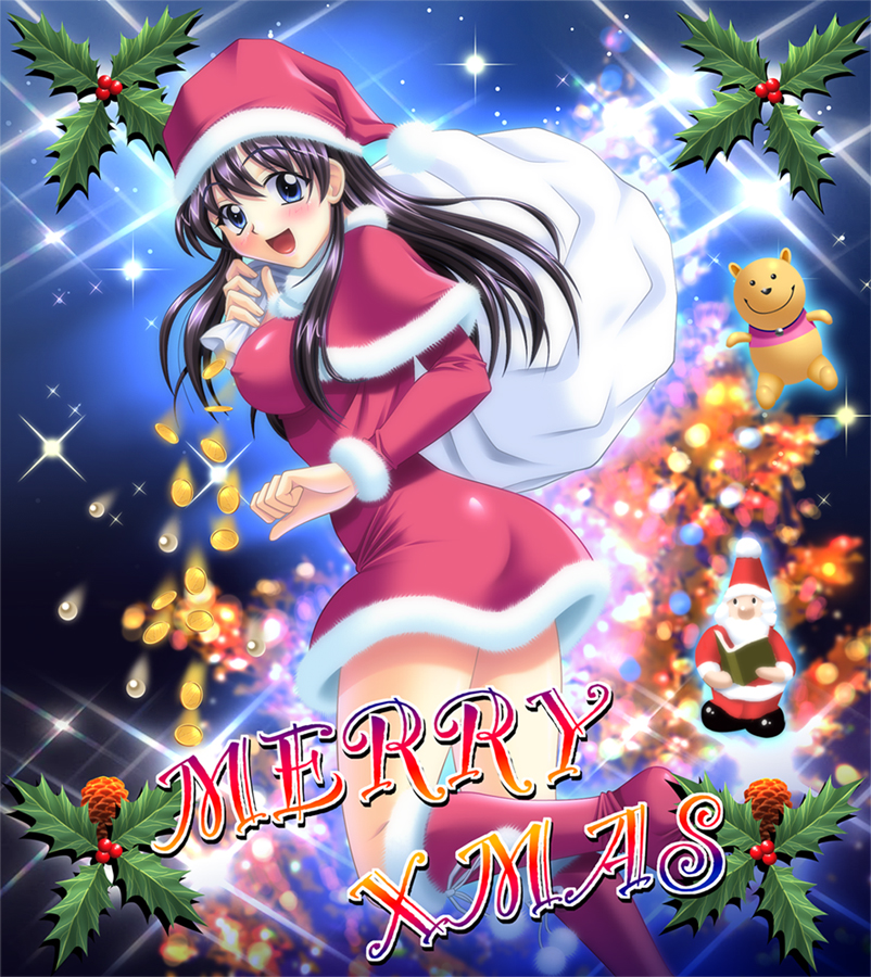 1girl :d black_hair blue_eyes boots breasts capelet christmas coin dress erect_nipples hat holly large_breasts long_hair merry_christmas open_mouth original pooh sack santa_claus santa_costume santa_hat short_dress smile solo sparkle winnie_the_pooh