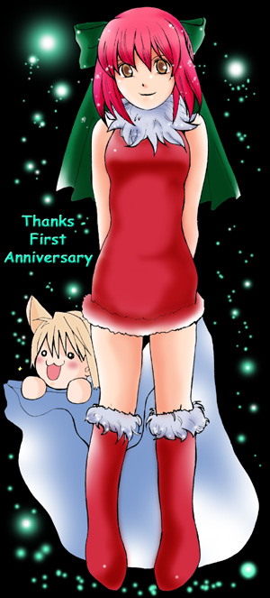 00s 1girl :d ^_^ ^o^ animal_ears artist_request bare_shoulders blush boots bow brown_eyes cat_ears christmas closed_eyes dress fur_trim green_bow hair_bow knee_boots looking_at_viewer nekoarc open_mouth pink_hair red_boots red_dress redhead sack santa_costume short_hair skin_tight sleeveless smile solo sparkle standing tsukihime