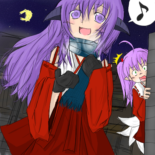 2girls :d ahoge bad_anatomy breath crescent_moon detached_sleeves gloves green_eyes hanyuu higurashi_no_naku_koro_ni horns japanese_clothes long_hair miko mittens moon multiple_girls multiple_tails musical_note night open_mouth oyashiro-sama peeking_out pointy_ears poorly_drawn purple_hair quaver red_hakama scarf sky smile speech_bubble spoken_musical_note tail violet_eyes