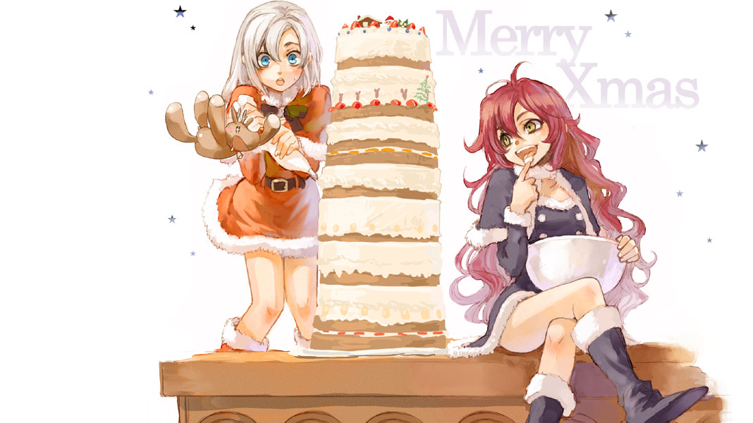 2girls blue_eyes boots cake christmas food legs_crossed long_hair multiple_girls open_mouth original pastry redhead sitting white_hair yamamoto_yamato yellow_eyes