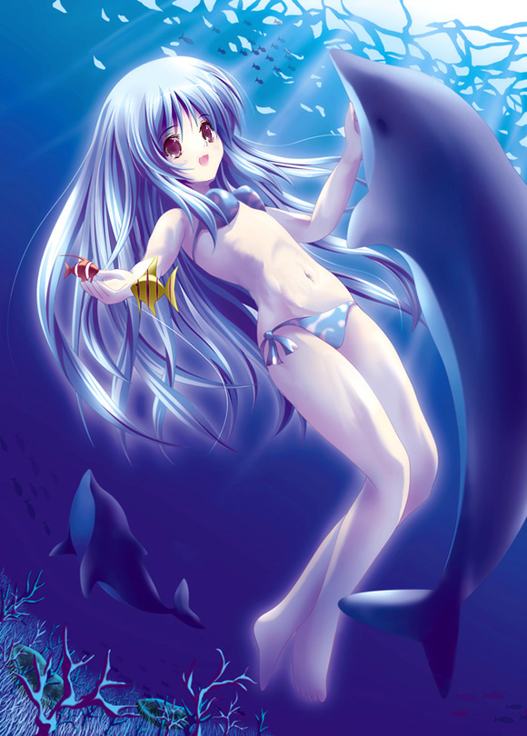 barefoot bikini dolphin fish freediving long_hair red_eyes side-tie_bikini swimsuit underwater water yamamoto_nori
