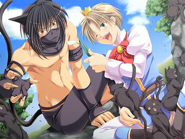 2boys ;) animal_ears black_hair blonde_hair bow cat cat_ears claws covered_mouth crown fingerless_gloves game_cg gloves green_eyes looking_at_another male_focus mini_crown multiple_boys one_eye_closed prince princexprince shirtless smile topless yaoi