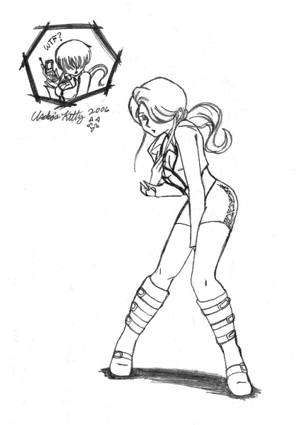 00s 1girl 2006 between_thighs boots cosplay hair_over_eyes hair_over_one_eye king_of_fighters knee_boots monochrome shermie snk solo the_king_of_fighters thighs
