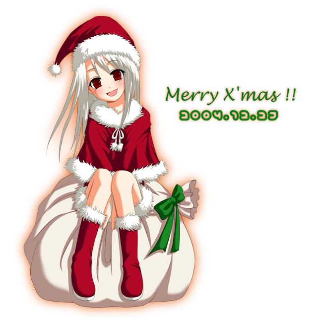 00s 1girl 2004 bag boots bow christmas dated fate/stay_night fate_(series) female fur_trim green_bow hat illyasviel_von_einzbern merry_christmas merry_christmas! red_eyes sack santa_boots santa_costume santa_hat simple_background sitting solo white_background white_hair