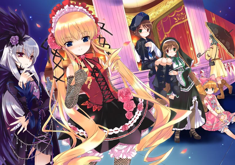 00s 6+girls blonde_hair bow column dress fishnets god_hand_(artist) hina_ichigo kanaria multiple_girls pillar pink_bow rozen_maiden shinku siblings sisters souseiseki suigintou suiseiseki twins