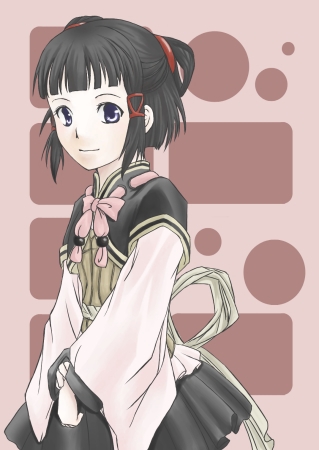 1girl bangs black_hair blunt_bangs bow gensou_suikoden gensou_suikoden_v long_sleeves lowres lyon pleated_skirt ribbon skirt sleeves_past_wrists smile solo violet_eyes
