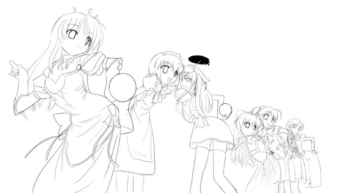 6+girls :d blush character_request cowboy_shot dress from_behind ga_rune_pose leaning_forward lineart looking_at_viewer monochrome multiple_girls open_mouth shirt simple_background smile standing white_background yoake_mae_yori_ruri_iro_na