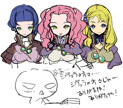 3girls : :&lt; akaga_hirotaka bangs blonde_hair blue_eyes blue_hair blunt_bangs blush brooch chibi choker close-up green_eyes hair_ornament jewelry lineup lipstick long_hair lowres makeup mamiina multiple_girls neviril pink_hair short_hair simoun sketch smile triangle_mouth uniform wavy_hair yun_(simoun)