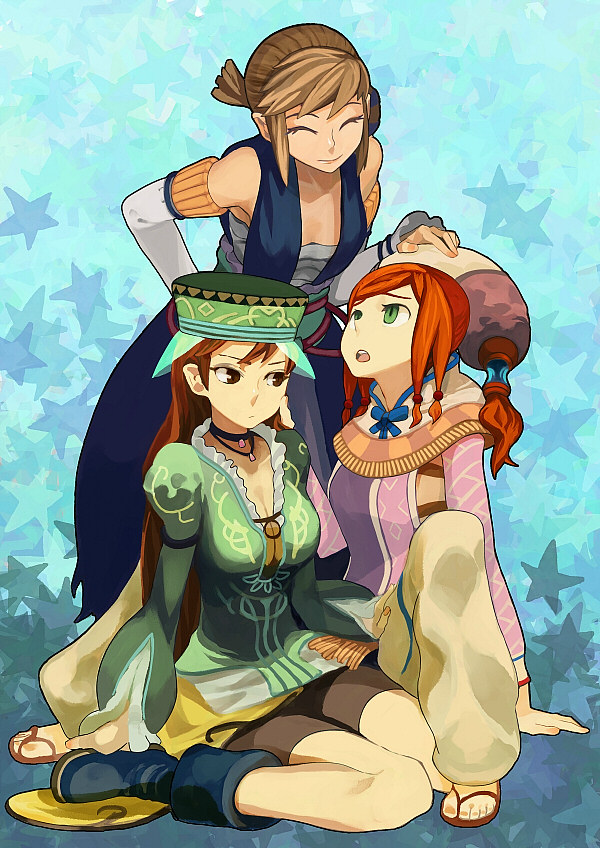 3girls ^_^ aisha_(romancing_saga) aisha_(saga) aqua_background boots breasts brown_eyes brown_hair captain_silver claudia_(romancing_saga) claudia_(saga) cleavage closed_eyes green_eyes hand_on_head hand_on_hip hat hips multiple_girls orange_hair ponytail romancing_saga romancing_saga_minstrel_song ryman saga sidelocks sitting smile star starry_background