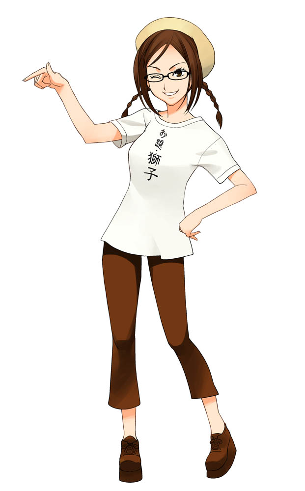 1girl ;) a1 beret braid brown_hair clothes_writing full_body glasses hat loafers looking_at_viewer one_eye_closed original pants platform_footwear pointing shirt shoes short_hair short_sleeves simple_background smile solo twin_braids white_background white_shirt wink