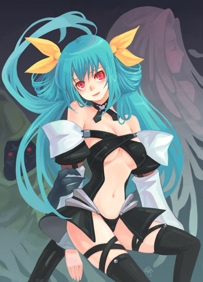 1girl arc_system_works arm_grab asymmetrical_wings bf._(sogogiching) blue_hair bow breasts choker dizzy guilty_gear hair_bow long_hair necro necro_(guilty_gear) red_eyes solo tail thigh-highs under_boob undine_(guilty_gear) wings