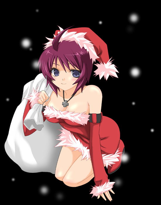 00s 1girl ahoge bag blue_eyes breasts christmas cleavage cross detached_sleeves dress fur greek_cross gundam gundam_seed gundam_seed_destiny hat jewelry kneeling lunamaria_hawke medium_breasts necklace purple_hair sack santa_costume santa_hat short_hair smile snow snowing solo strapless strapless_dress