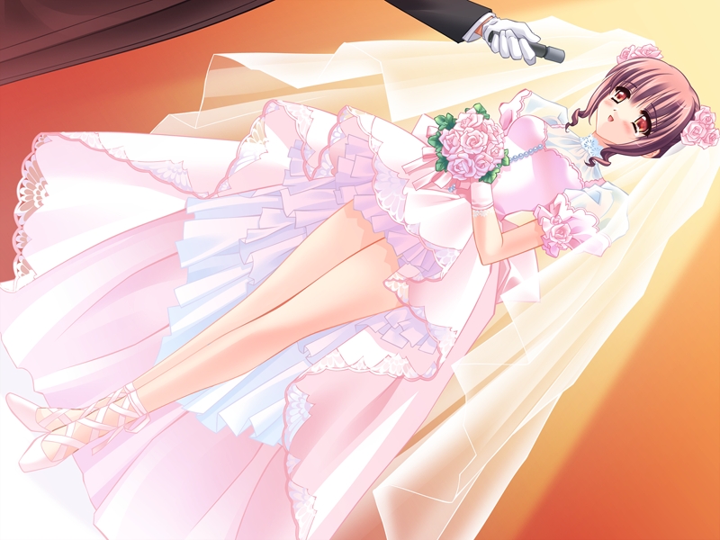 1girl airi_(quilt) bridal_veil bride carnelian dress dutch_angle flower formal full_body game_cg hair_flower hair_ornament legs_together microphone out_of_frame pink_rose quilt quilt_(game) red_eyes rose solo_focus standing veil wedding_dress