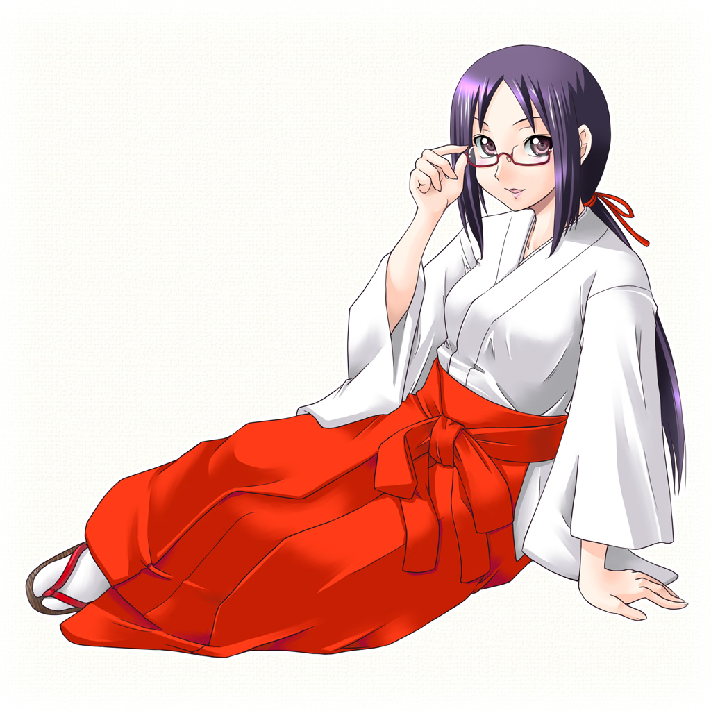 1girl adjusting_glasses arm_support bangs breasts glasses hair_ribbon hakama japanese_clothes large_breasts long_hair looking_at_viewer low_ponytail mekata_nui miko new_year original parted_bangs parted_lips purple_hair red-framed_eyewear red-framed_glasses red_hakama ribbon sandals semi-rimless_glasses simple_background sitting smile solo tabi under-rim_glasses violet_eyes white_background white_legwear yaso_shigeru