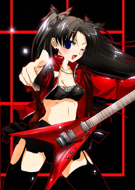 1girl black_hair blue_eyes breasts earrings fate/stay_night fate_(series) flying_v guitar instrument jewelry lingerie long_hair mikami_mika open_mouth plectrum skirt solo thigh-highs tohsaka_rin underwear