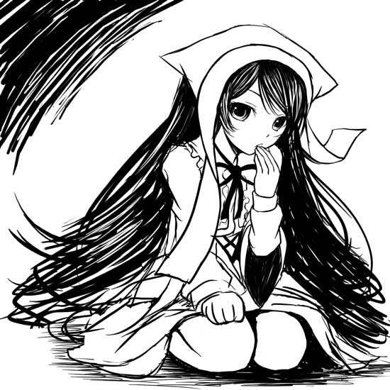 00s 1girl chiko_(artist) chiko_(kanhogo) collar covering_mouth dress frilled_collar frills hand_on_leg lap long_hair long_sleeves looking_at_viewer monochrome ribbon rozen_maiden seiza simple_background sitting solo suiseiseki very_long_hair white_background