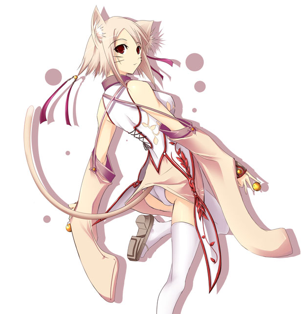 1girl animal_ears ass blonde_hair brown_eyes cat_ears cat_tail china_dress chinese_clothes detached_sleeves dress from_behind hair_ribbon looking_back panties pantyshot red_eyes ribbon sandals satomi short_hair solo tail thigh-highs underwear whiskers white_legwear white_panties