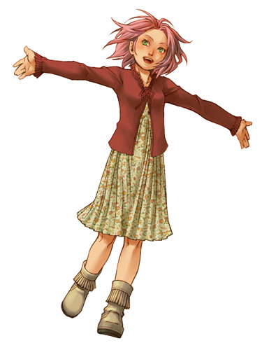 1girl alternate_costume avoid blush boots breasts cardigan dress dutch_angle fringe green_eyes haruno_sakura kobashi long_sleeves lowres naruto open_mouth outstretched_arms pink_hair print_dress shoes short_hair simple_background smile solo standing walking white_background white_boots