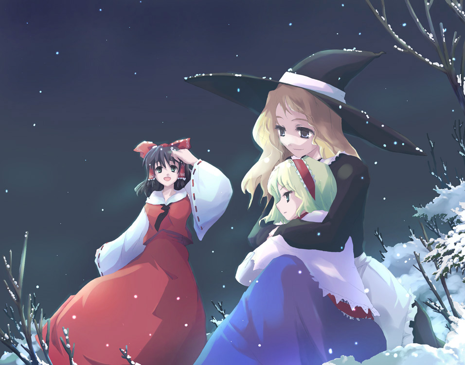 3girls alice_margatroid bare_tree blonde_hair blue_dress capelet collar cowboy_shot detached_sleeves dress female frilled_collar frills hakurei_reimu hat hug kirisame_marisa long_sleeves looking_at_viewer multiple_girls night night_sky outdoors perfect_cherry_blossom plant red_dress simple_background sitting sky snow snowing takanashi_akihito touhou tree wide_sleeves winter witch_hat