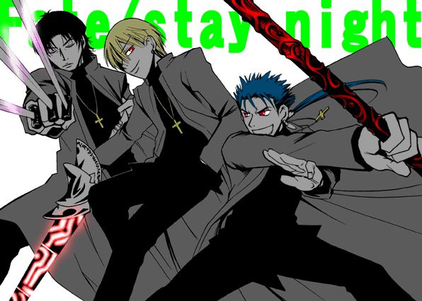 3boys black_keys blonde_hair blue_hair cassock cosplay cross cross_necklace ea_(fate/stay_night) fate/stay_night fate_(series) gae_bolg gilgamesh jewelry kotomine_kirei kotomine_kirei_(cosplay) lancer male_focus multiple_boys necklace partially_colored