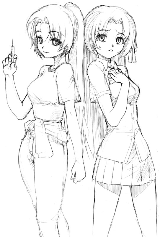 2girls face hands higurashi_no_naku_koro_ni monochrome multiple_girls ponytail siblings sisters sonozaki_mion sonozaki_shion syringe twins yamaguchi_homupe