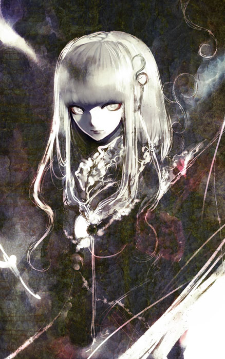 1girl bangs blunt_bangs closed_mouth dress expressionless female frills gothic hairband kei_(keigarou) lolita_hairband looking_at_viewer original partially_colored portrait shade solo upper_body