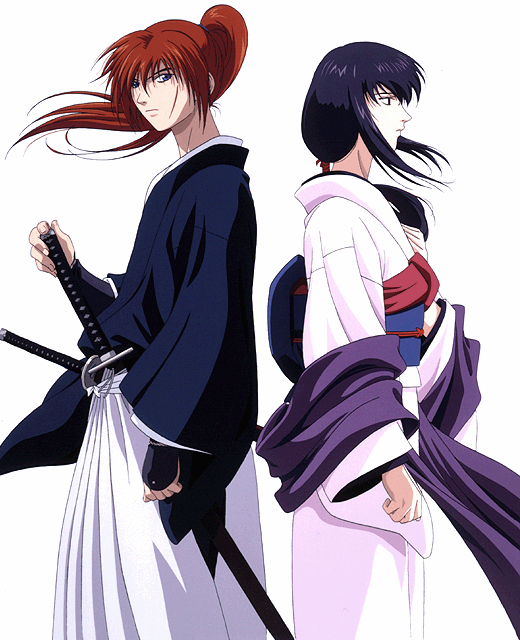 back-to-back blue_eyes blue_hair hakama haori himura_kenshin japanese_clothes katana kimono long_hair ponytail redhead rurouni_kenshin samurai sheath sheathed sword weapon yukishiro_tomoe