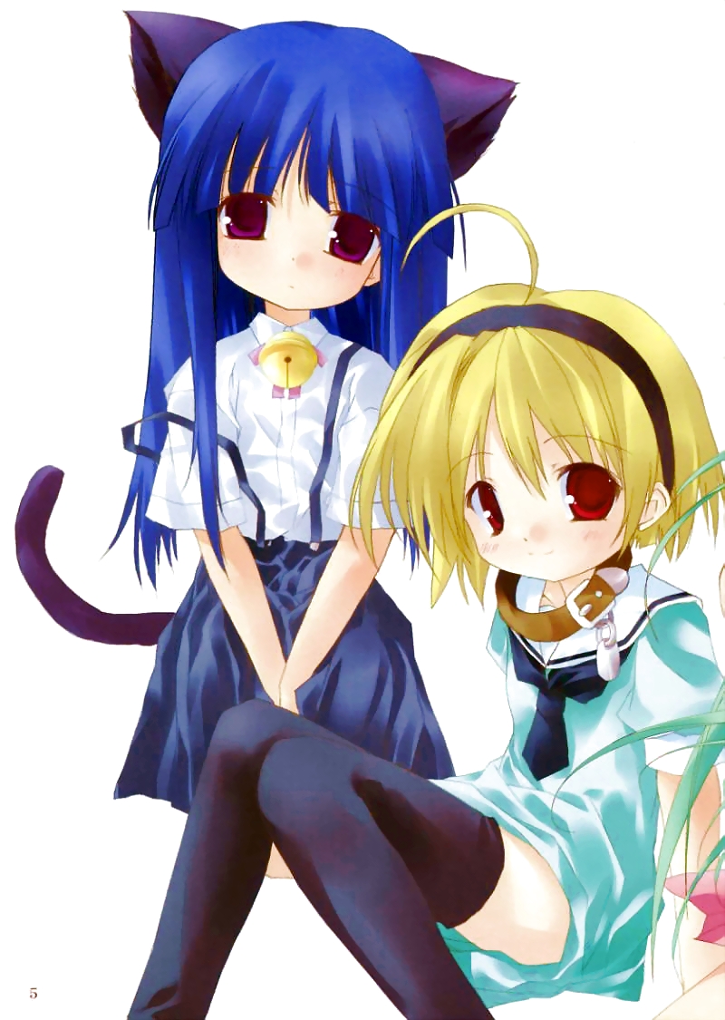 2girls animal_ears blonde_hair cat_ears furude_rika higurashi_no_naku_koro_ni houjou_satoko multiple_girls suspenders thigh-highs tororo