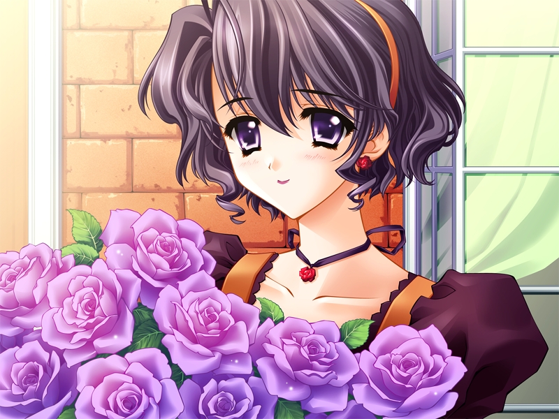 1girl black_hair blush bouquet brick_wall carnelian collarbone earrings ena ena_(quilt) flower flower_earrings game_cg hairband jewelry lipstick makeup necklace purple_rose quilt quilt_(game) rose short_hair smile solo upper_body violet_eyes