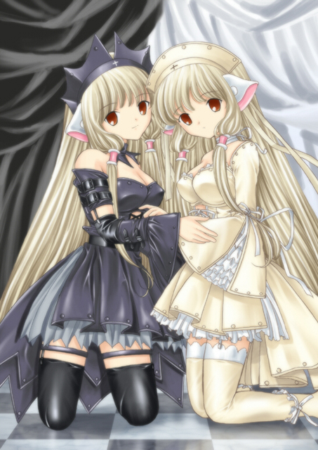 00s 2girls blonde_hair brown_eyes chii chobits freya gothic gothic_lolita lolita_fashion long_hair multiple_girls siblings sisters twins very_long_hair