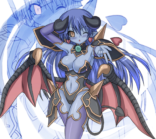 1girl armor astaroth_(shinrabanshou) black_sclera blue_skin blush breasts center_opening demon_girl earrings elbow_gloves gloves heart horns jewelry large_breasts long_hair one-piece_swimsuit pointy_ears shinrabanshou solo spikes swimsuit tail takaku_toshihiko thigh-highs wings wink zoom_layer