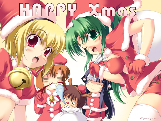 1boy 4girls blonde_hair christmas furude_rika higurashi_no_naku_koro_ni houjou_satoko maebara_keiichi multiple_girls ryuuguu_rena sonozaki_mion take_it_home thigh-highs to-ya_(to-ya_can)