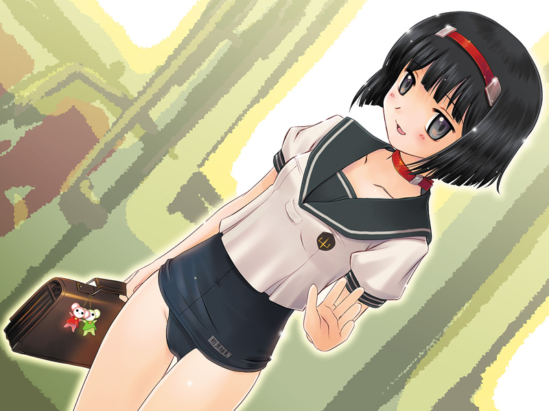 1girl bag bangs black_eyes black_hair blunt_bangs bob_cut choker collar dutch_angle game_cg grey_eyes hairband headband no_pants one-piece_swimsuit rance_(series) school_bag school_swimsuit school_uniform sengoku_rance serafuku short_hair solo swimsuit swimsuit_under_clothes waving yuzuhara_yuzumi