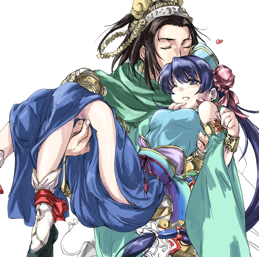 1boy 1girl armlet armor black_hair blue_dress blue_eyes blue_hair blush boots bow bracelet bun_cover cape carrying chinese_clothes cloak closed_eyes couple cuffs detached_sleeves double_bun dress earrings hair_bun hair_ornament hat headband headdress heart hetero holding jewelry kiss liu_bei long_hair low-tied_long_hair matsukura_nemu open_mouth princess_carry ribbon san_chin sangokushi_taisen smile thighs tied_hair twintails white_background wink